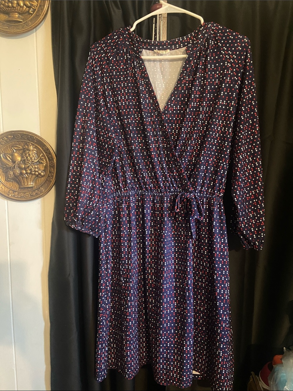 Maison Jules Navy Long-Sleeve Polka Dot Wrap Dress
